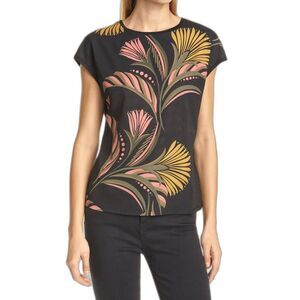 TED BAKER LONDON "Pasley Deco Print" Black, Coral & Gold Knit Back Top, Sz 6-8